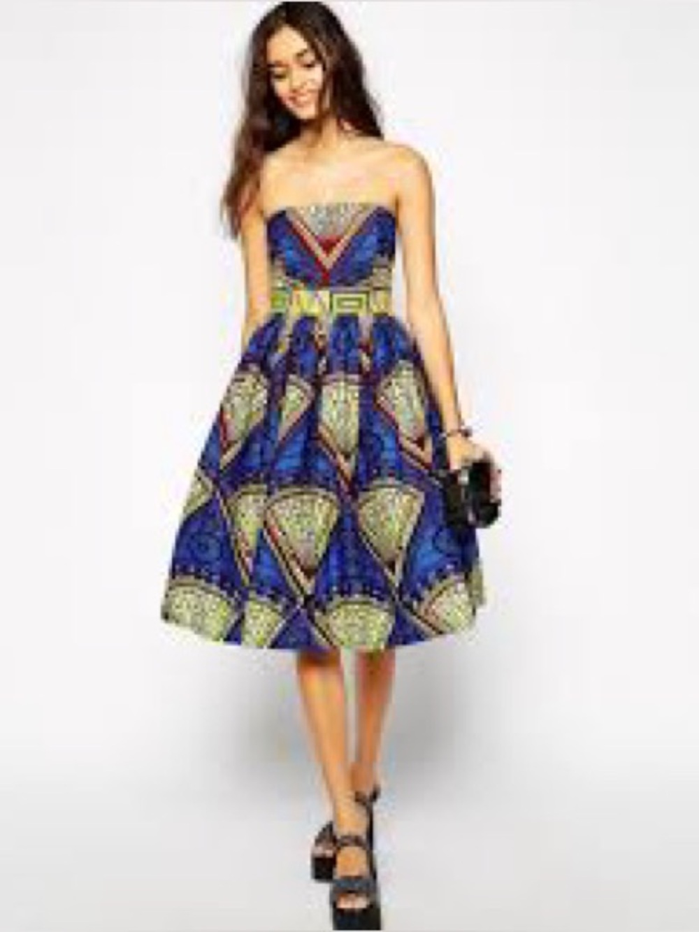 Sika X ASOS Strapless Blue Patterned Midi Dress.